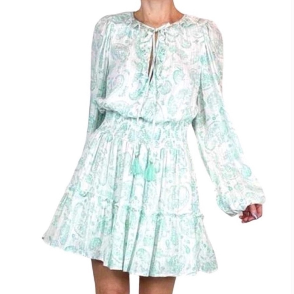 HOUSE OF HARLOW 1960 Mini Dress Mint Green Paisley Smocked Women’s Size XS